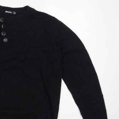 Bench Men's Black Medium Cotton Henley Button Knit Jumper Logo