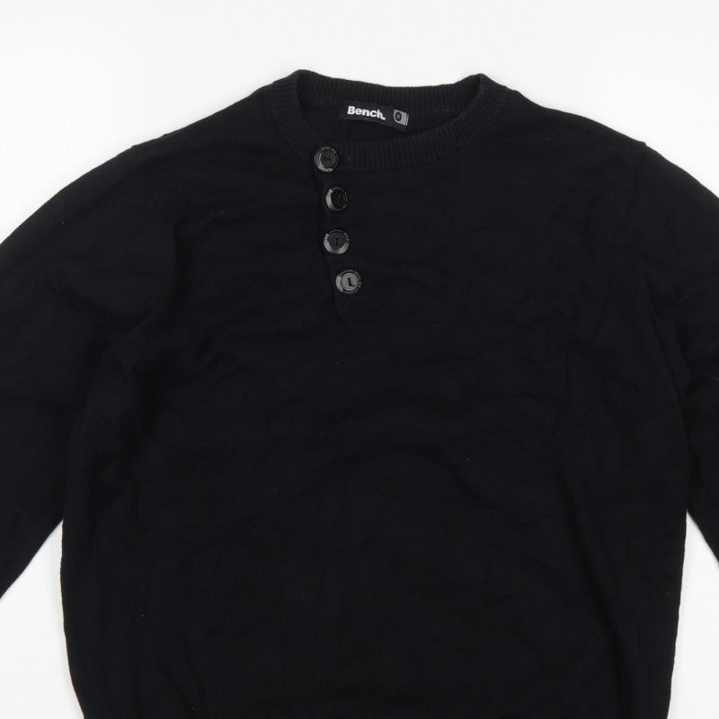 Bench Men's Black Medium Cotton Henley Button Knit Jumper Logo