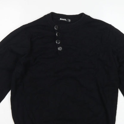 Bench Men's Black Medium Cotton Henley Button Knit Jumper Logo
