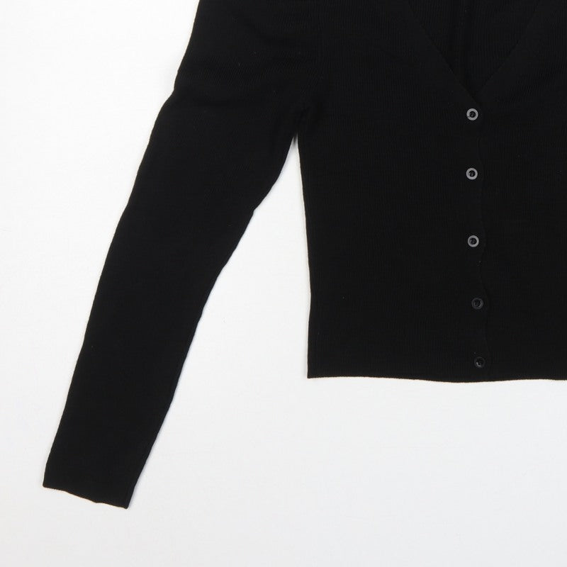 ASOS Women Black UK 4 V-Neck Button Puff Sleeve Knit Cardigan