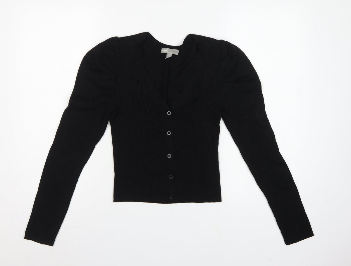 ASOS Women Black UK 4 V-Neck Button Puff Sleeve Knit Cardigan