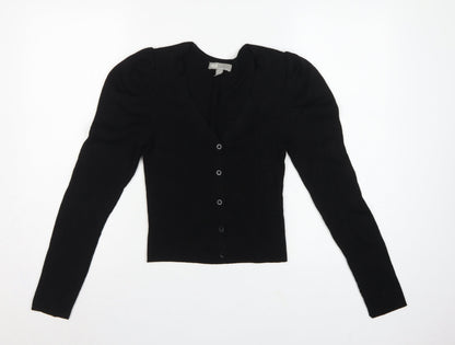 ASOS Women Black UK 4 V-Neck Button Puff Sleeve Knit Cardigan