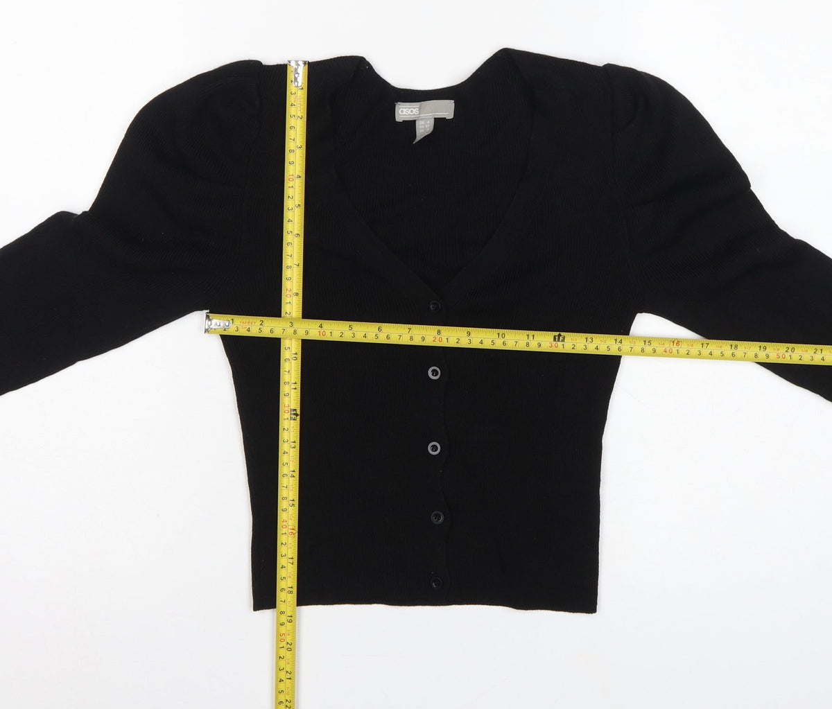 ASOS Women Black UK 4 V-Neck Button Puff Sleeve Knit Cardigan