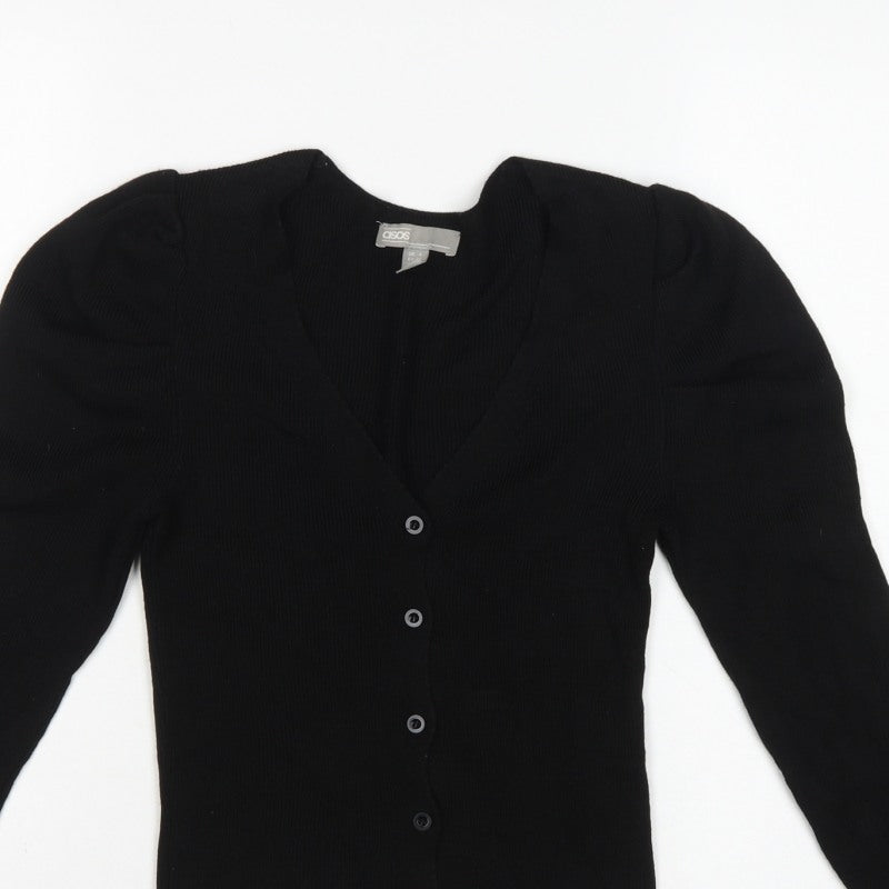 ASOS Women Black UK 4 V-Neck Button Puff Sleeve Knit Cardigan
