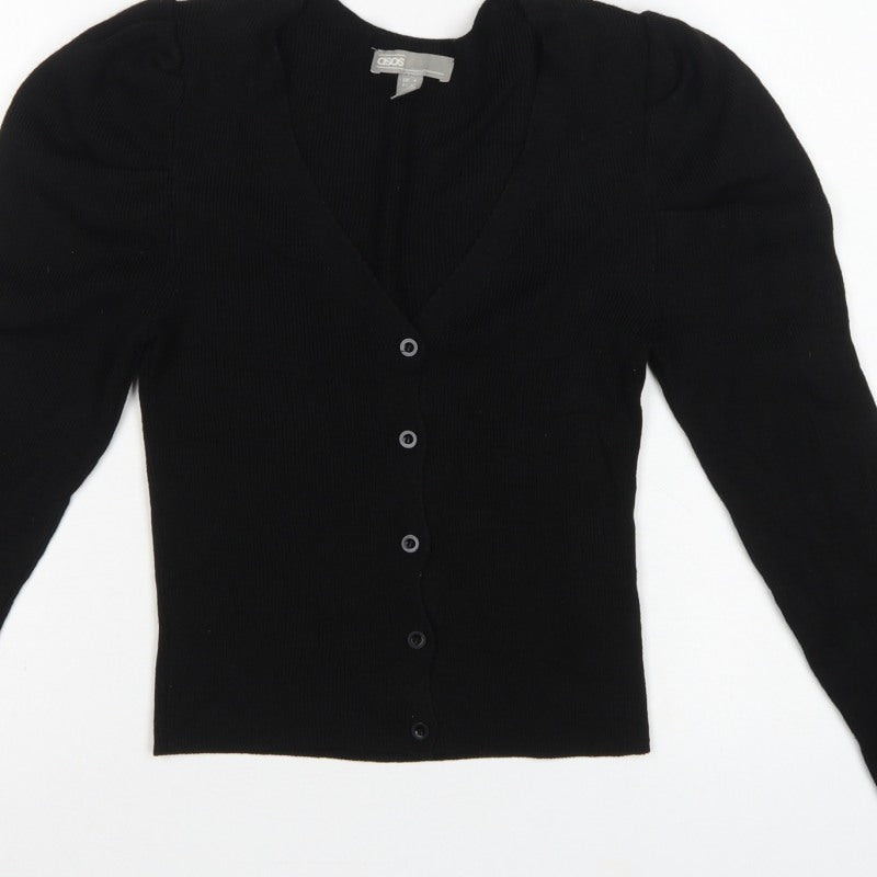 ASOS Women Black UK 4 V-Neck Button Puff Sleeve Knit Cardigan