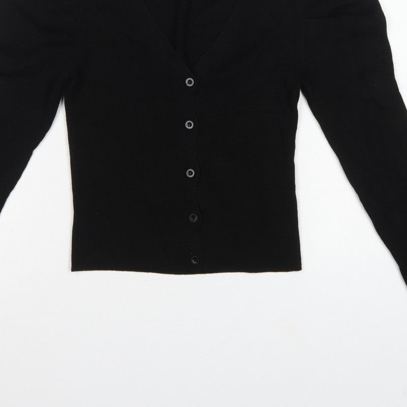 ASOS Women Black UK 4 V-Neck Button Puff Sleeve Knit Cardigan