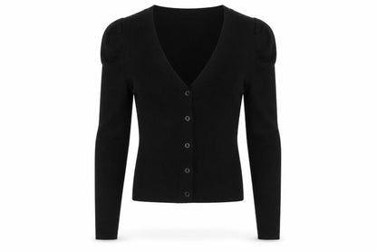 ASOS Women Black UK 4 V-Neck Button Puff Sleeve Knit Cardigan