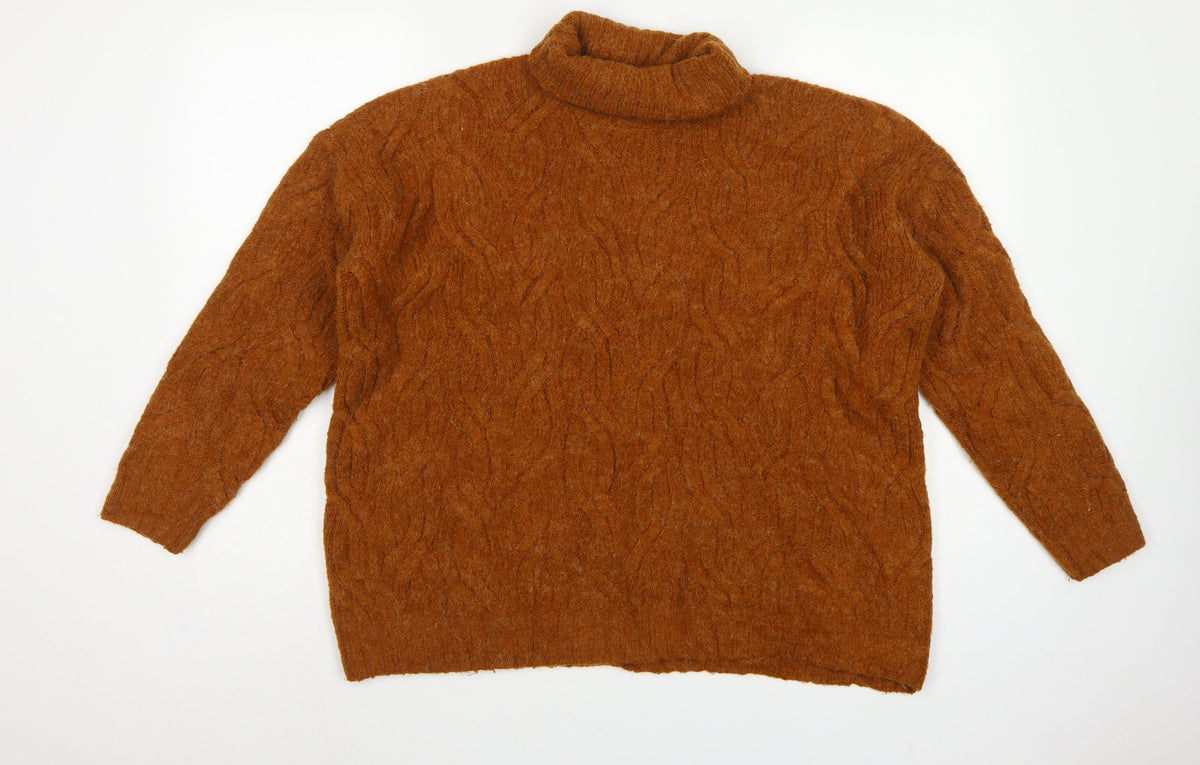 M&S Women Brown L Cable Knit Roll Neck Relaxed Pullover Jumper