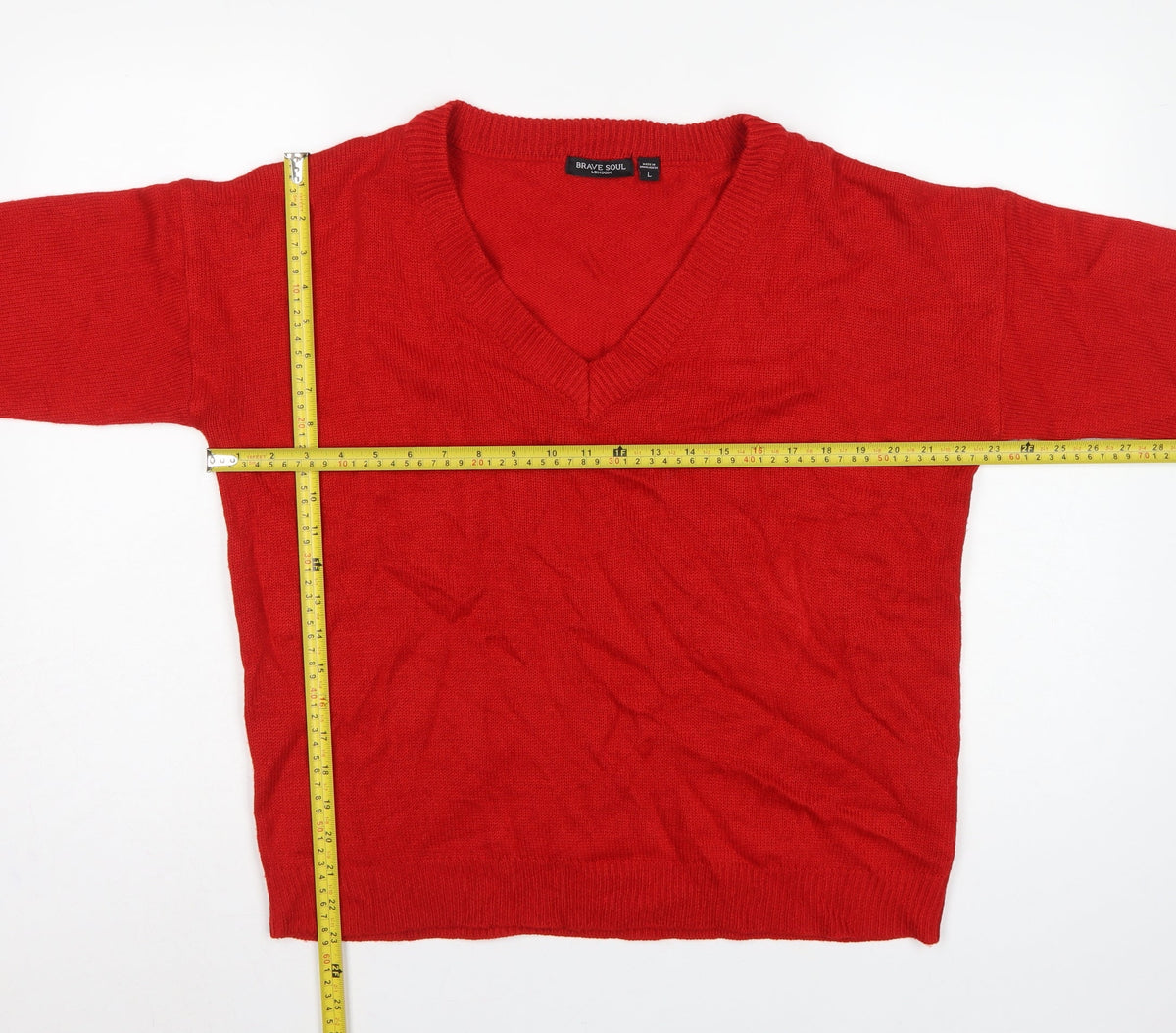 Brave Soul Women’s Red V-Neck Acrylic Knit Pullover Jumper L