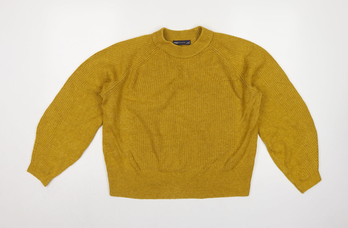 Marks and Spencer Women Yellow M High Neck Rib Knit Pullover Jumper
