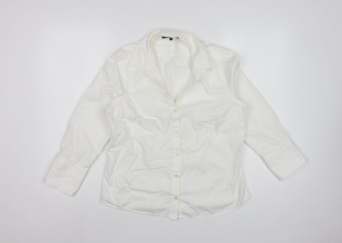 Jaeger Women Ivory UK 12 Cotton Collared Long Sleeve Button-Up Shirt