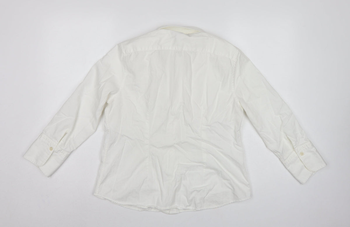 Jaeger Women Ivory UK 12 Cotton Collared Long Sleeve Button-Up Shirt