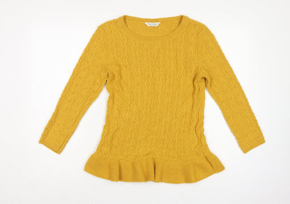 Miss Selfridge Women Yellow UK 12 Cable-Knit Round Neck Peplum Jumper