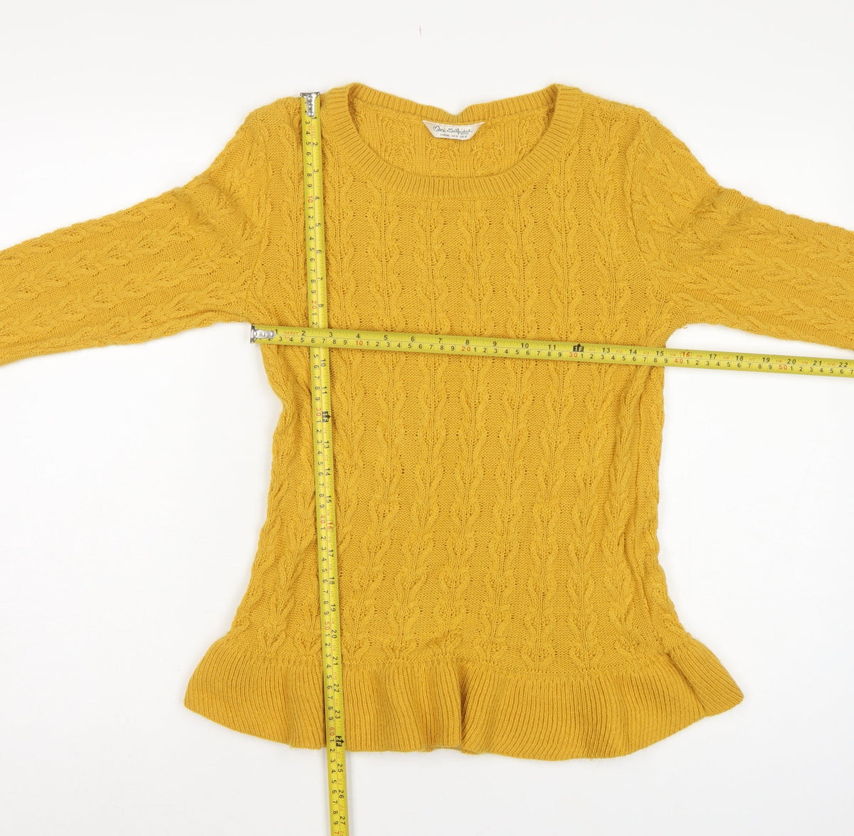 Miss Selfridge Women Yellow UK 12 Cable-Knit Round Neck Peplum Jumper