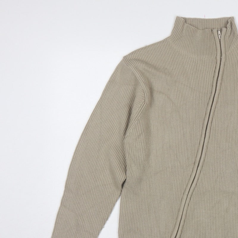 Blue Inc Men's Beige L Full Zip High Neck Rib Knit Acrylic Jumper