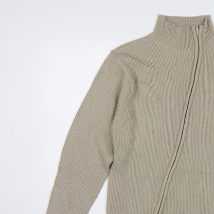 Blue Inc Men's Beige L Full Zip High Neck Rib Knit Acrylic Jumper