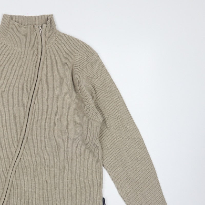 Blue Inc Men's Beige L Full Zip High Neck Rib Knit Acrylic Jumper