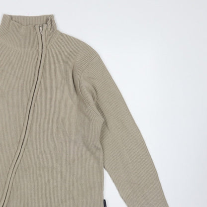 Blue Inc Men's Beige L Full Zip High Neck Rib Knit Acrylic Jumper