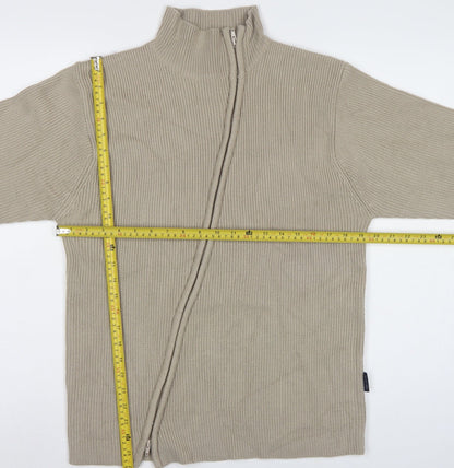 Blue Inc Men's Beige L Full Zip High Neck Rib Knit Acrylic Jumper