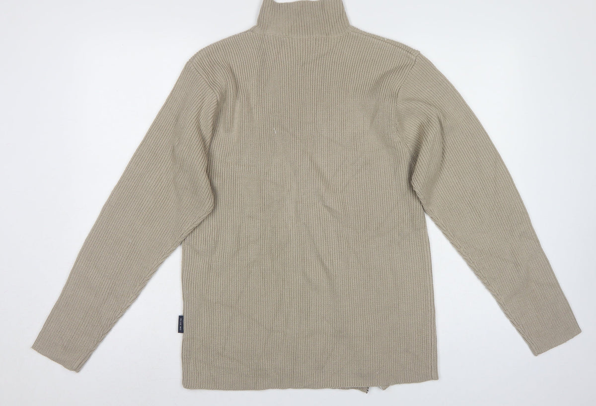 Blue Inc Men's Beige L Full Zip High Neck Rib Knit Acrylic Jumper