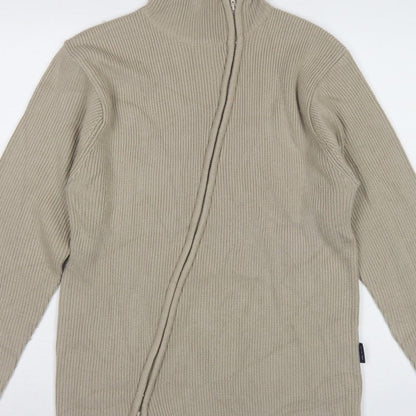 Blue Inc Men's Beige L Full Zip High Neck Rib Knit Acrylic Jumper