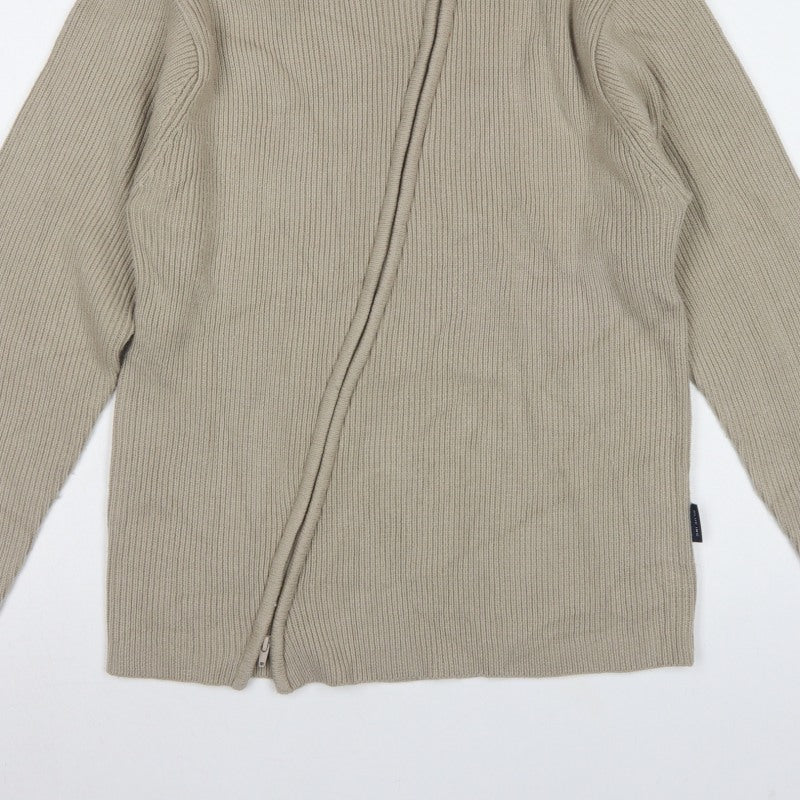 Blue Inc Men's Beige L Full Zip High Neck Rib Knit Acrylic Jumper