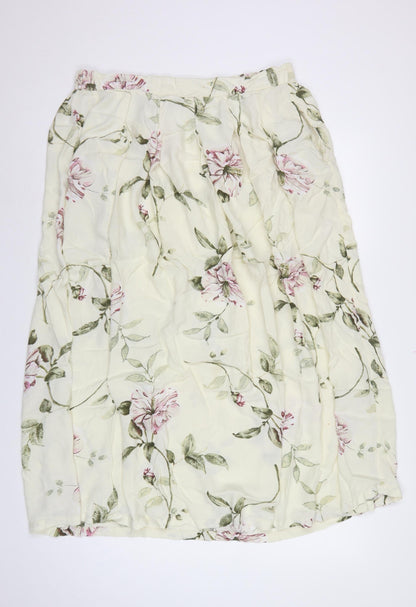 Monsoon Women Ivory Pink Floral Viscose Midi Flare Skirt Size L