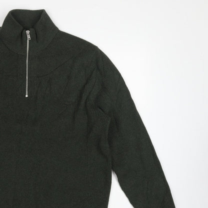 Marks and Spencer Men's Green XL 1/2 Zip High Neck Cotton Blend Jumper