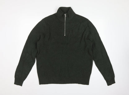 Marks and Spencer Men's Green XL 1/2 Zip High Neck Cotton Blend Jumper