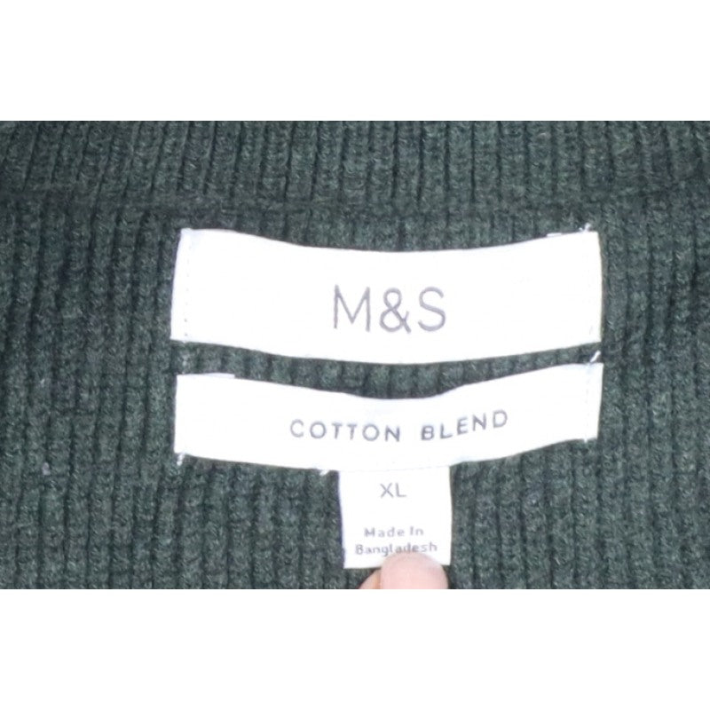 Marks and Spencer Men's Green XL 1/2 Zip High Neck Cotton Blend Jumper
