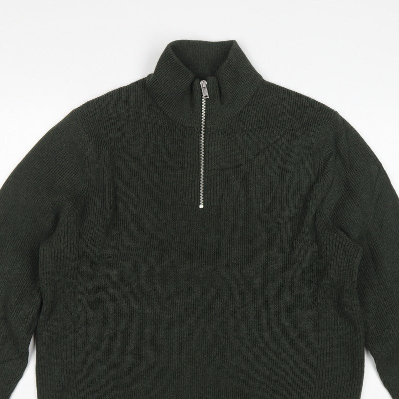 Marks and Spencer Men's Green XL 1/2 Zip High Neck Cotton Blend Jumper