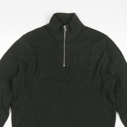 Marks and Spencer Men's Green XL 1/2 Zip High Neck Cotton Blend Jumper