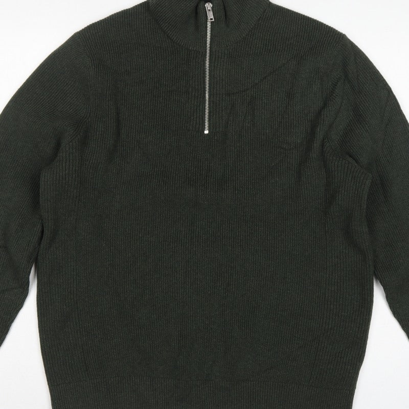 Marks and Spencer Men's Green XL 1/2 Zip High Neck Cotton Blend Jumper