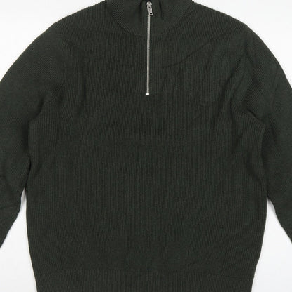 Marks and Spencer Men's Green XL 1/2 Zip High Neck Cotton Blend Jumper
