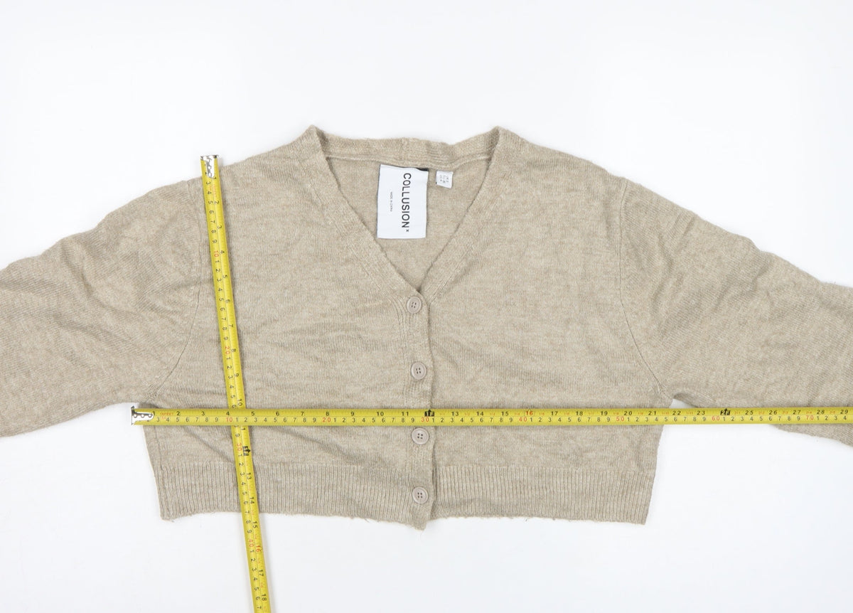 COLLUSION Women Beige UK 8 V-Neck Button Balloon Sleeve Cardigan