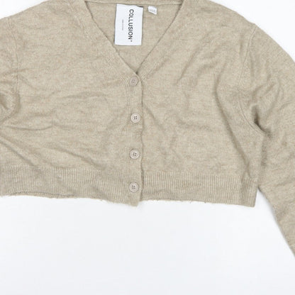 COLLUSION Women Beige UK 8 V-Neck Button Balloon Sleeve Cardigan