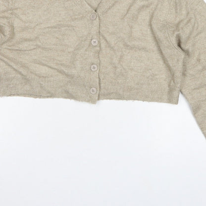COLLUSION Women Beige UK 8 V-Neck Button Balloon Sleeve Cardigan