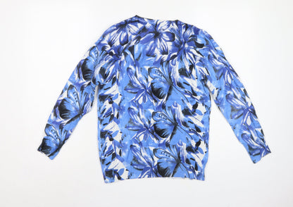 /itext. Women’s Blue Floral Knit Jumper Size S Round Neck Long Sleeve