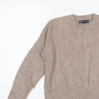M&S Women’s Beige XS Cable Knit Crew Neck Balloon Sleeve Jumper
