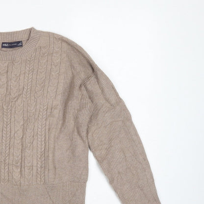 M&S Women’s Beige XS Cable Knit Crew Neck Balloon Sleeve Jumper