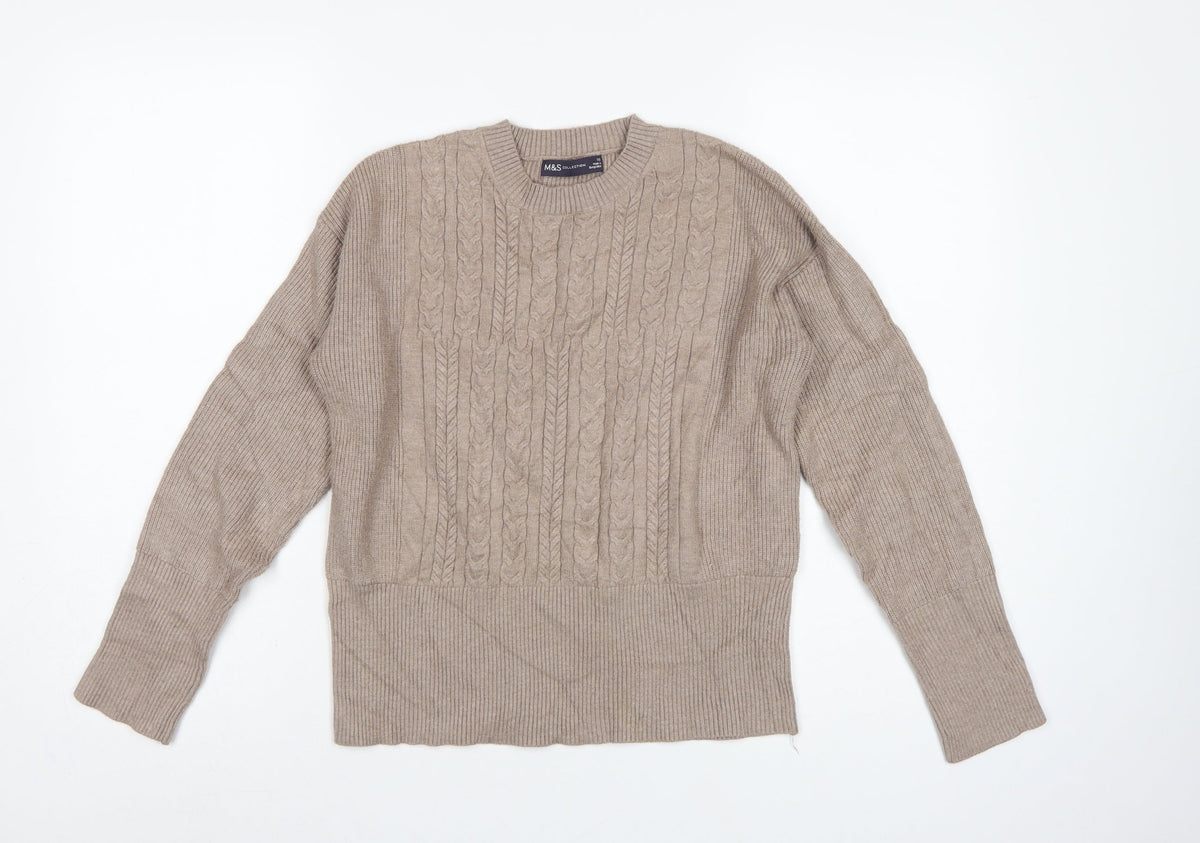 M&S Women’s Beige XS Cable Knit Crew Neck Balloon Sleeve Jumper