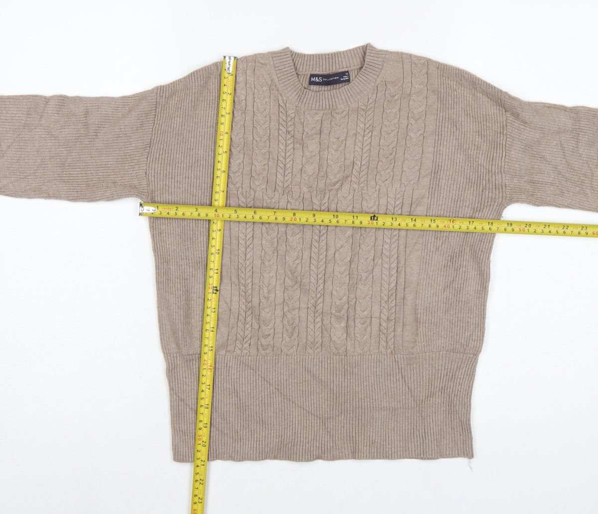 M&S Women’s Beige XS Cable Knit Crew Neck Balloon Sleeve Jumper