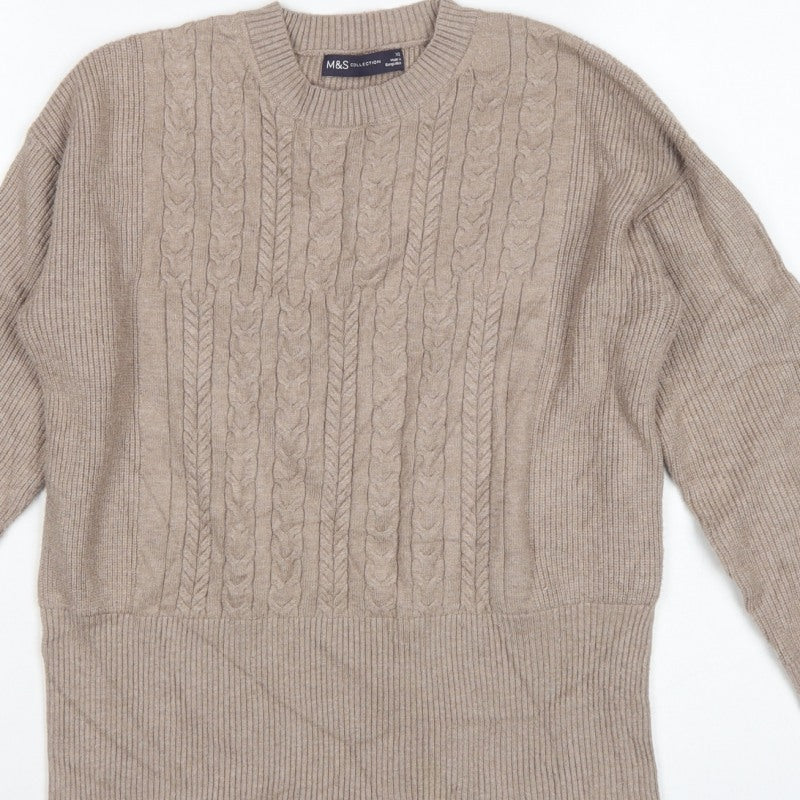 M&S Women’s Beige XS Cable Knit Crew Neck Balloon Sleeve Jumper