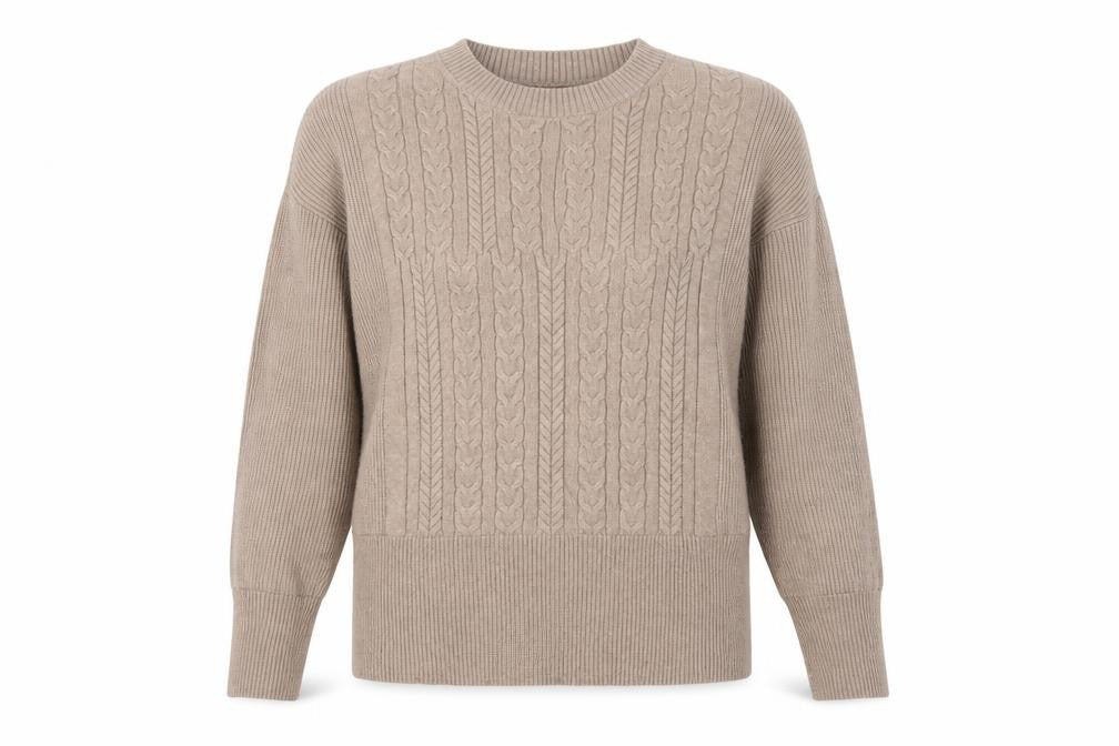 M&S Women’s Beige XS Cable Knit Crew Neck Balloon Sleeve Jumper