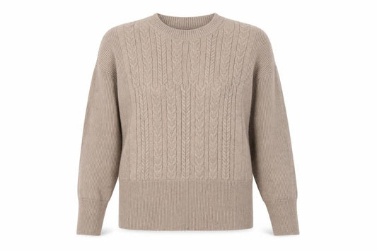 M&S Women’s Beige XS Cable Knit Crew Neck Balloon Sleeve Jumper
