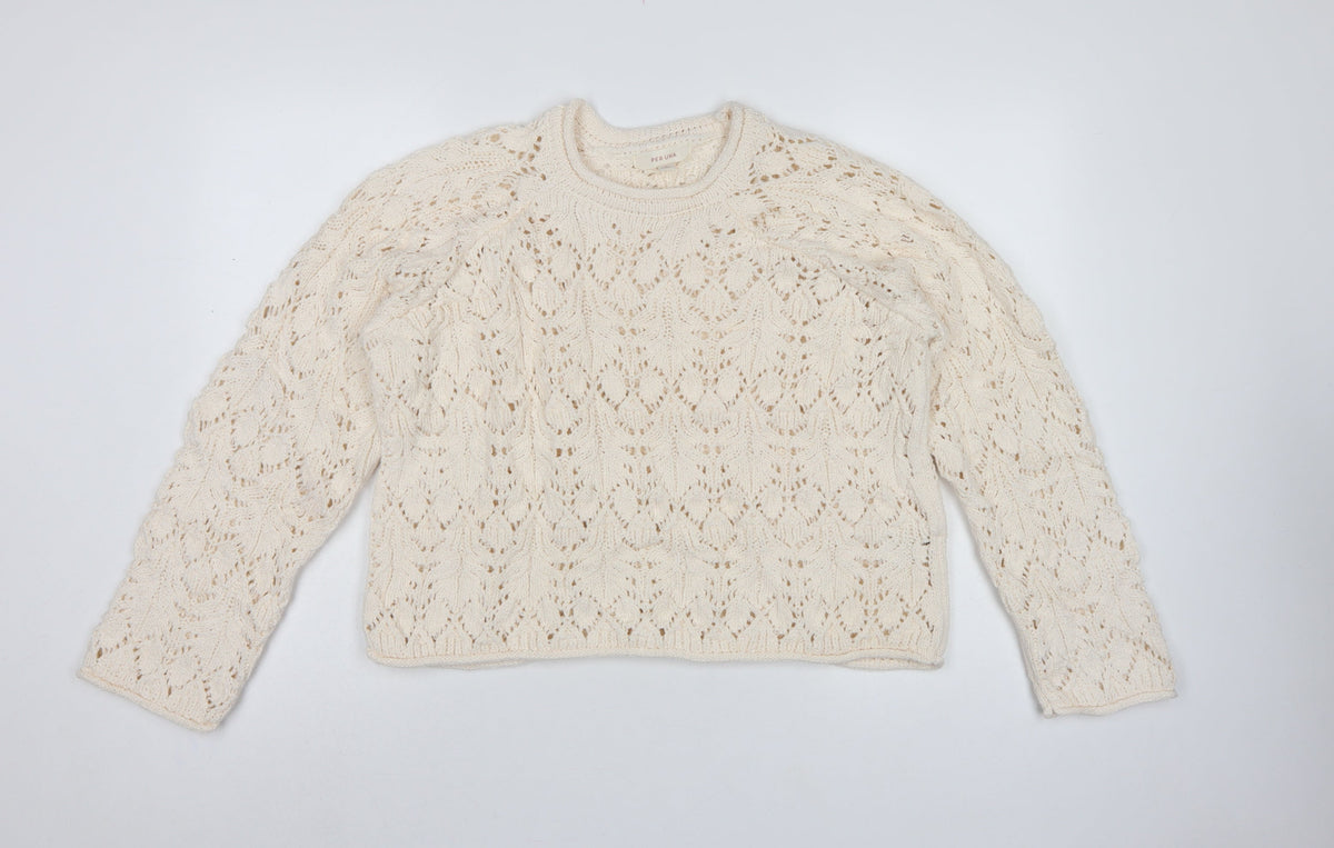 M&S Per Una Women Ivory L Open Knit Cotton Pullover Jumper