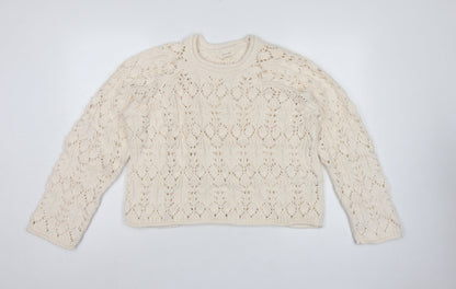 M&S Per Una Women Ivory L Open Knit Cotton Pullover Jumper
