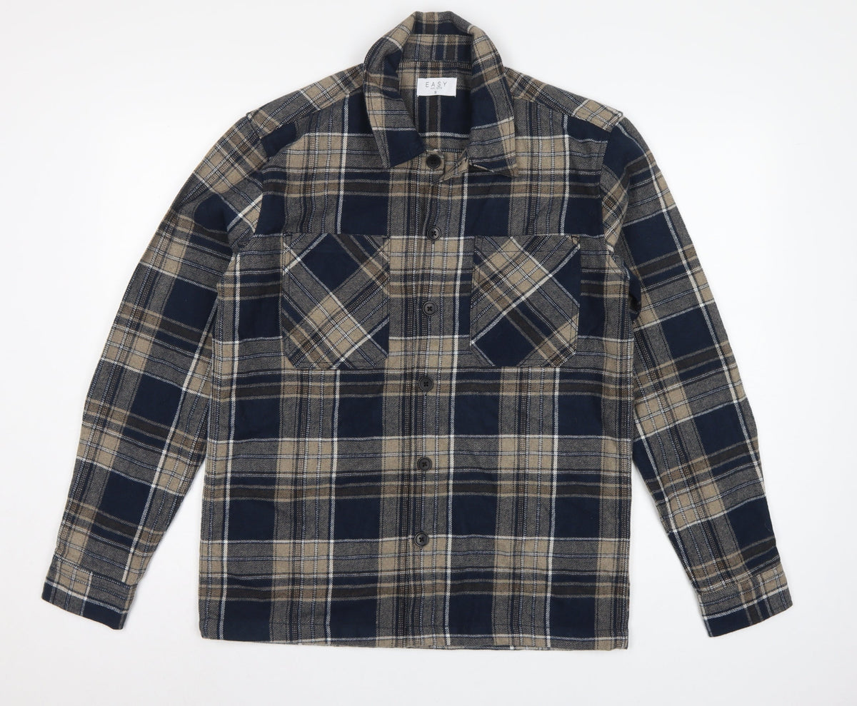 Easy Men's Blue Plaid Flannel Button-Up Shirt Size S Long Sleeve