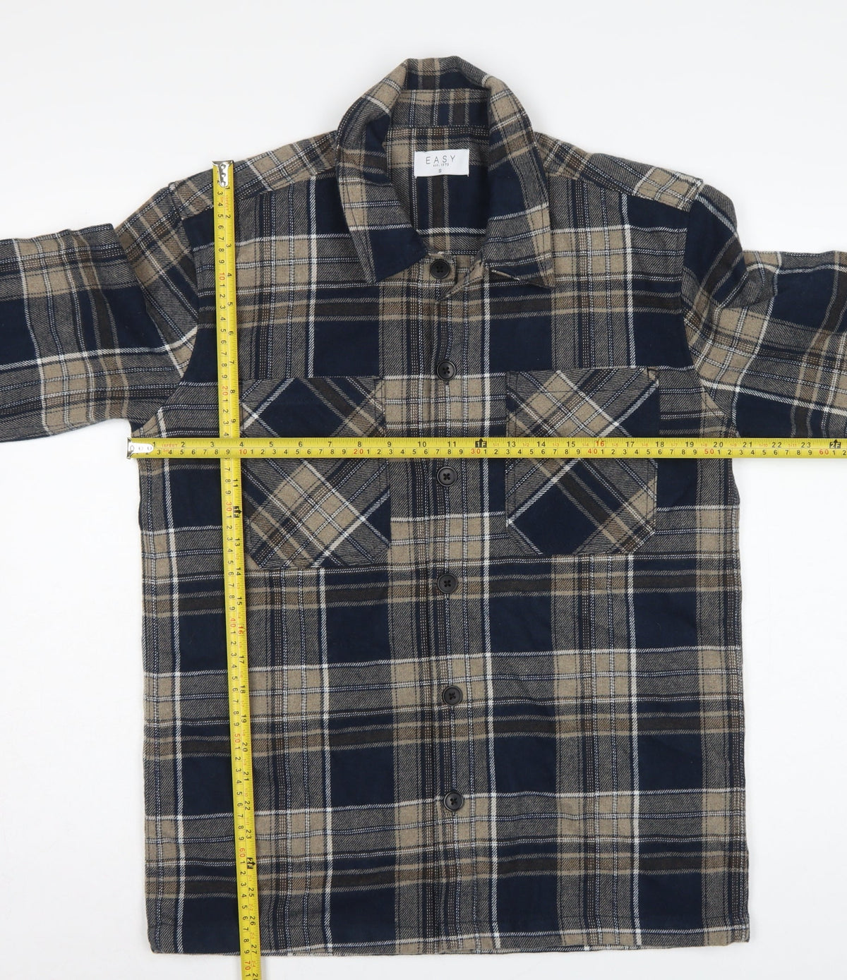 Easy Men's Blue Plaid Flannel Button-Up Shirt Size S Long Sleeve