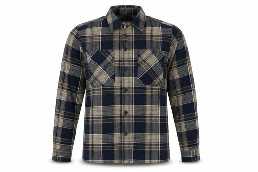 Front view of Easy Men's Blue Plaid Flannel Button-Up Shirt, size S, Long Sleeve
